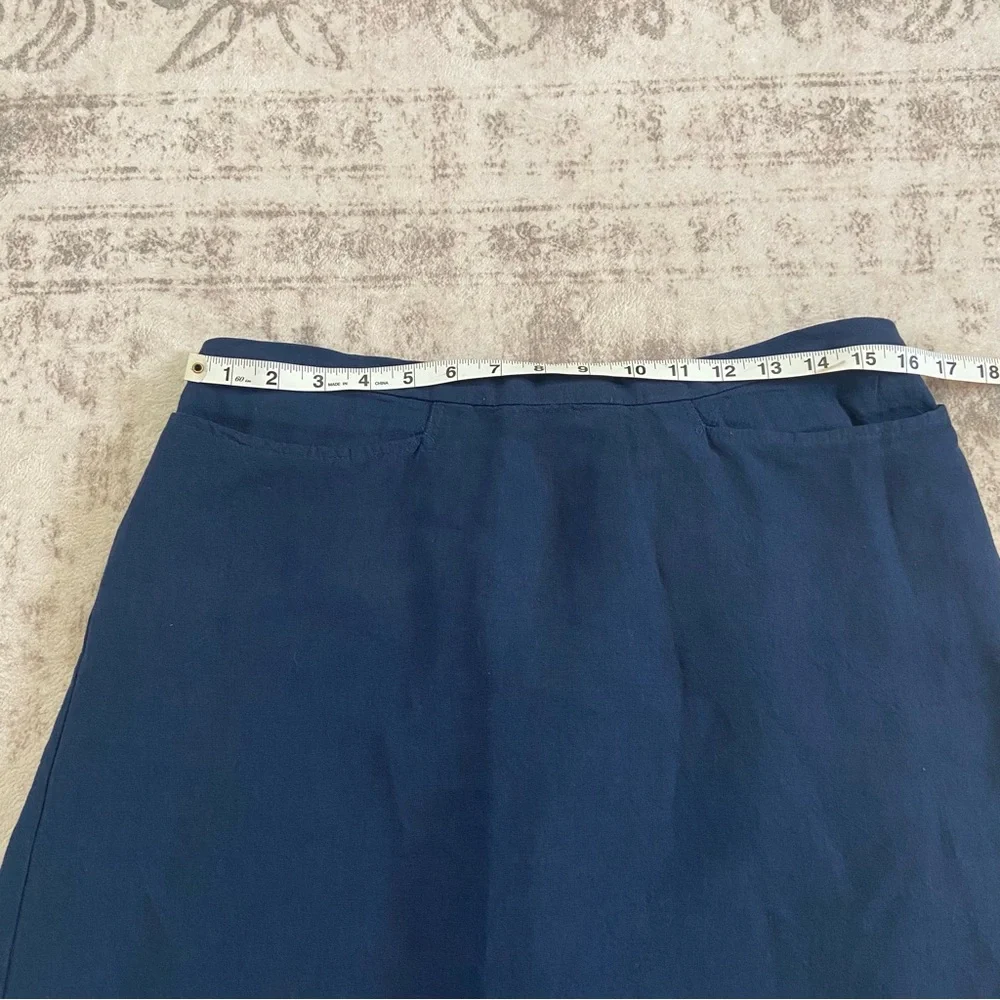 Eileen Fisher Navy Linen Blend Flowy‎ Knee Length Skirt with Pockets Large